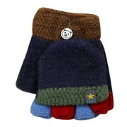 FAOWME Toddler Soft Convertible Flip Tops Color Block Gloves Kids Baby Boys Girls Winter Warm Knit Fingerless Mitten Navy One Size